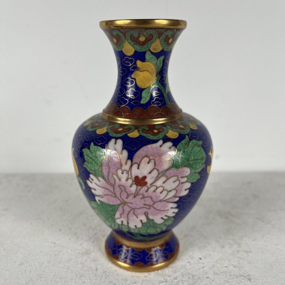 Vintage Deep Blue and Pink Cloisonne Vase Asian Style Peony Flower‎ Gold Accents